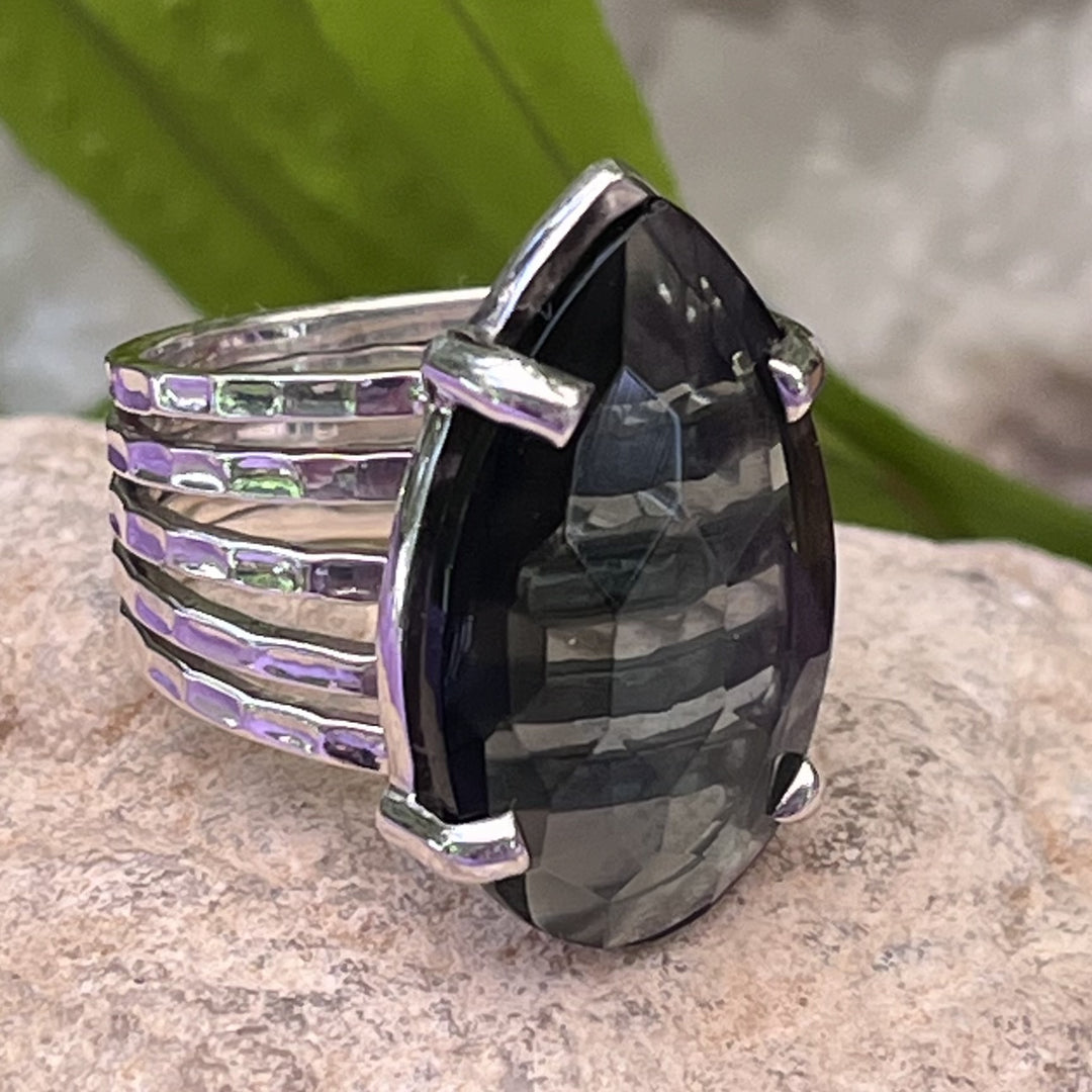 Ring Smokey Green Obsidian Teardrop Faceted