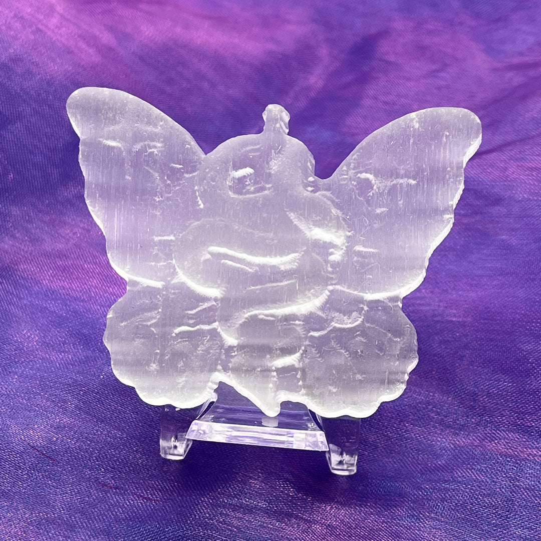 Butterfly and Snake Satin Selenite on Stand