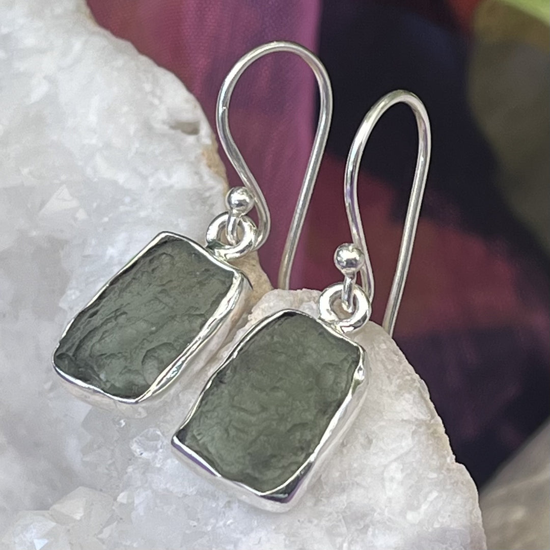 Earrings Moldavite Rectangle Raw 3.2 cm