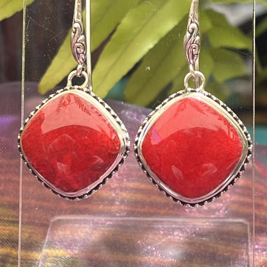 Earrings Red Coral Square S/S