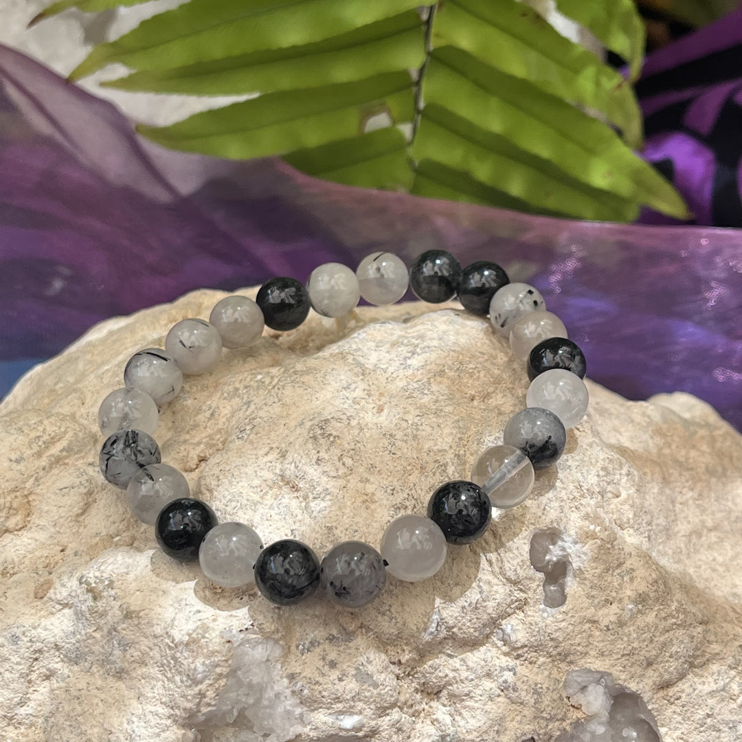 Bracelet Black Tourmaline and Quartz 8mm Beads