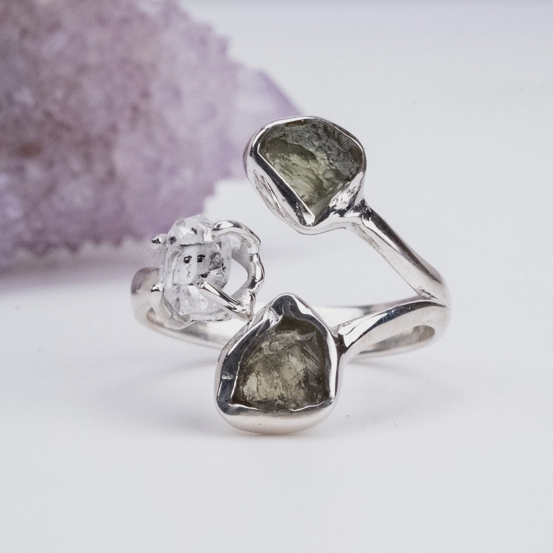 Ring Moldavite and Herkimer