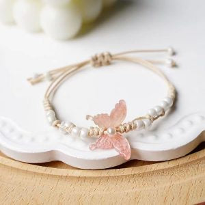 Anklet Pastel Pink with Butterfly Adjustable