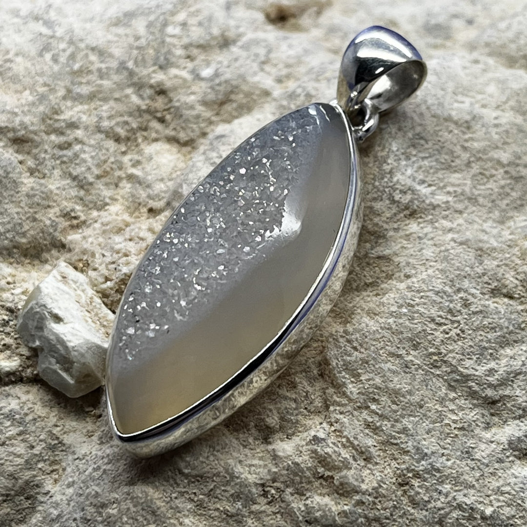 Pendant White Druzy Quartz Eye Shape 4.4 cm