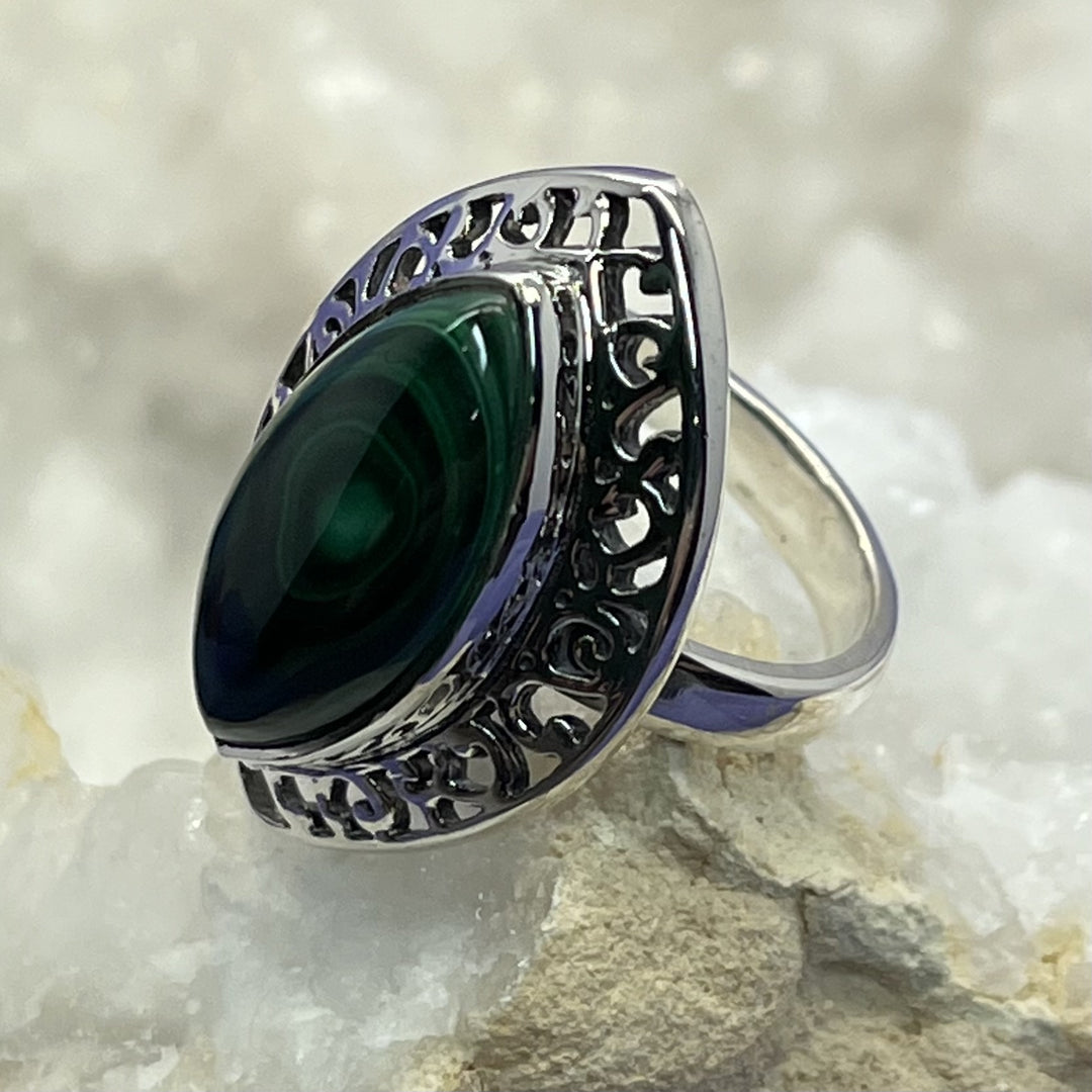 Ring Malachite Eye Shape Filigree 2.0 cm